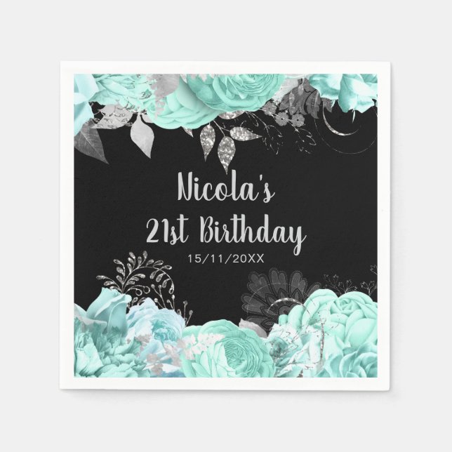 Elegant Green and Silver Flowers Birthday Party Napkins (Front)
