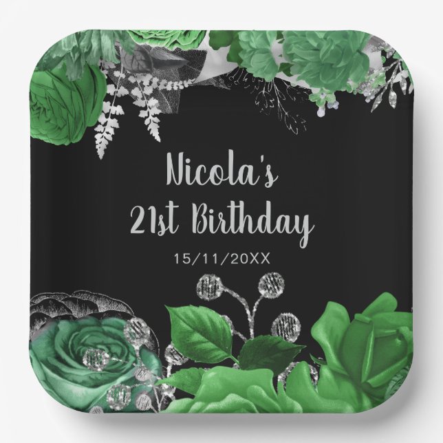 Elegant Green and Silver Flowers Birthday Party  Paper Plates (Front)