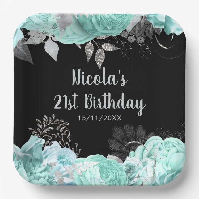 Elegant Green and Silver Flowers Birthday Party Paper Plates (Front)