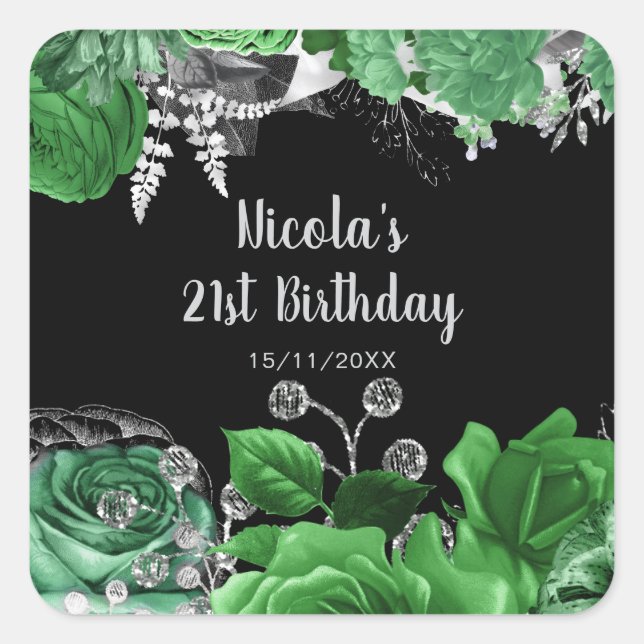 Elegant Green and Silver Flowers Birthday Party  Square Sticker (Front)