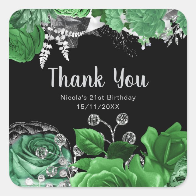Elegant Green and Silver Flowers Birthday Party Square Sticker (Front)