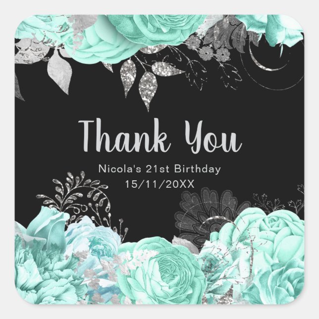 Elegant Green and Silver Flowers Birthday Party Square Sticker (Front)