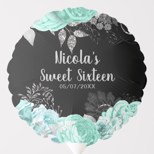 Elegant Green and Silver Flowers Sweet Sixteen Balloon