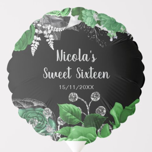 Elegant Green and Silver Flowers Sweet Sixteen  Balloon