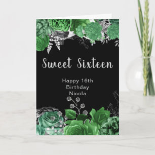 Elegant Green and Silver Flowers Sweet Sixteen Card