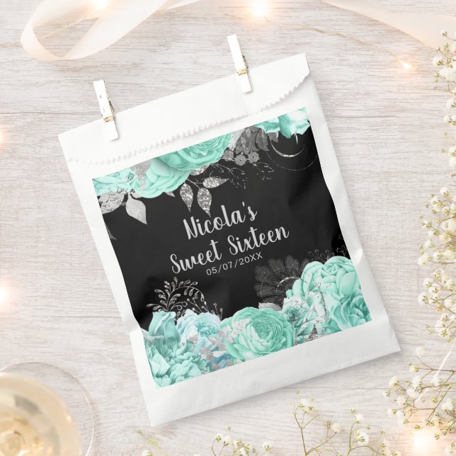 Elegant Green and Silver Flowers Sweet Sixteen Favor Bag (Clipped)