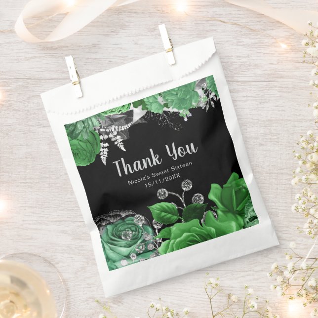 Elegant Green and Silver Flowers Sweet Sixteen  Favor Bag (Clipped)