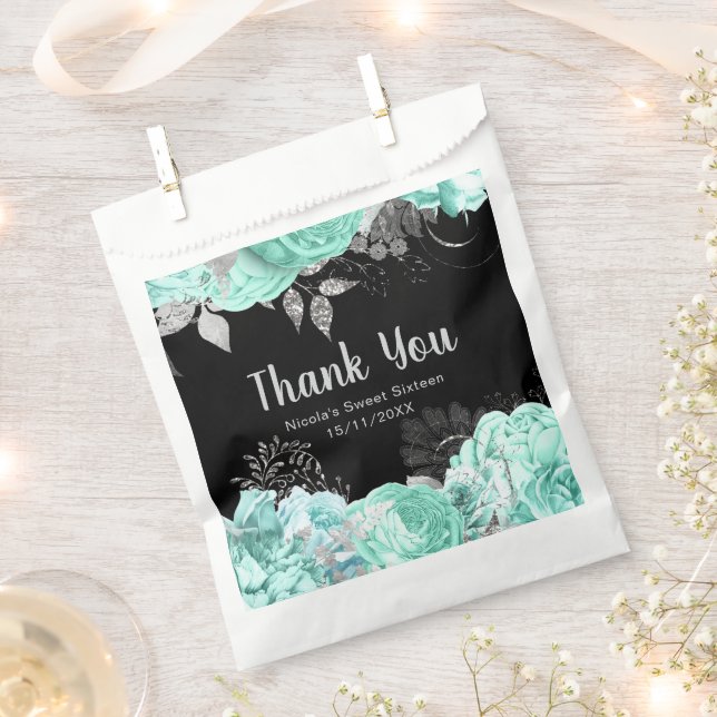 Elegant Green and Silver Flowers Sweet Sixteen Favor Bag (Clipped)