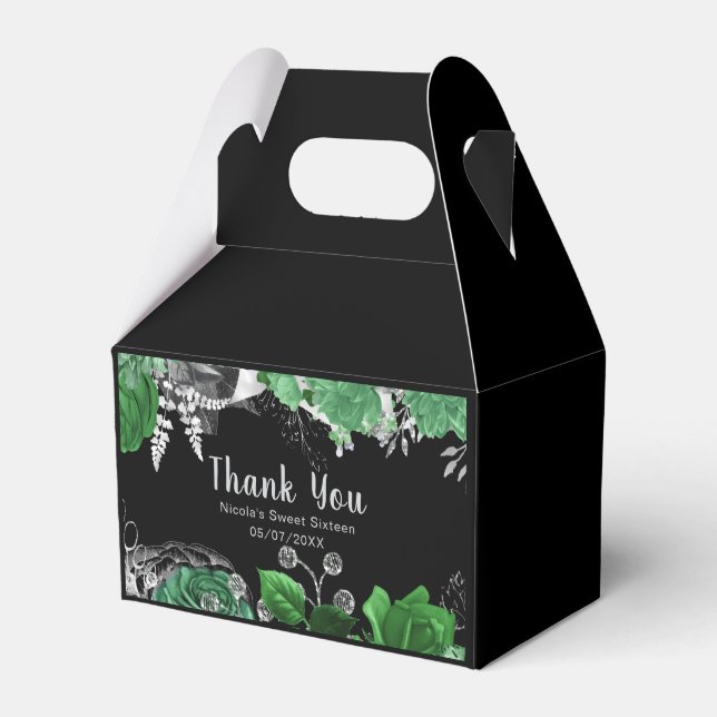 Elegant Green and Silver Flowers Sweet Sixteen  Favor Boxes (Front Side)