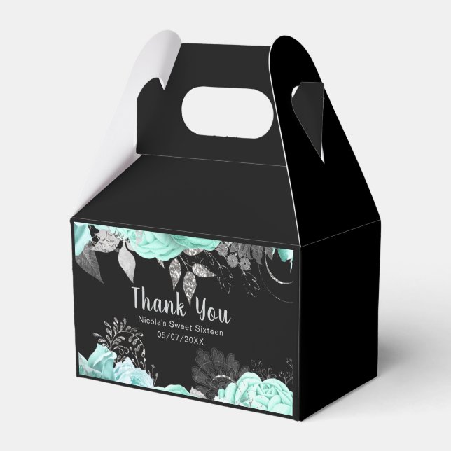 Elegant Green and Silver Flowers Sweet Sixteen Favor Boxes (Front Side)