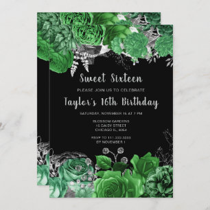Elegant Green and Silver Flowers Sweet Sixteen Invitation
