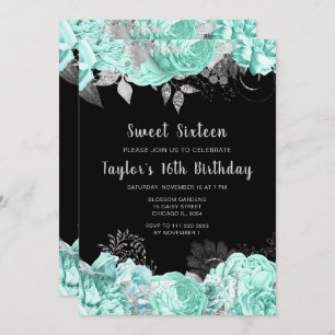 Elegant Green and Silver Flowers Sweet Sixteen Invitation