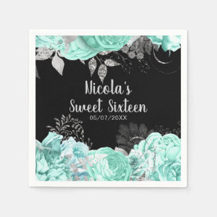 Elegant Green and Silver Flowers Sweet Sixteen Napkins