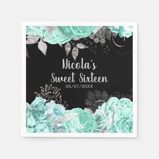 Elegant Green and Silver Flowers Sweet Sixteen Napkins (Front)