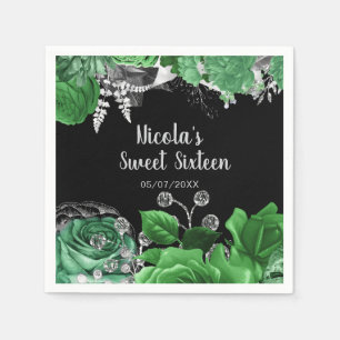 Elegant Green and Silver Flowers Sweet Sixteen Napkins