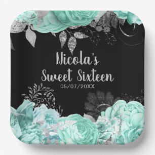 Elegant Green and Silver Flowers Sweet Sixteen Paper Plates