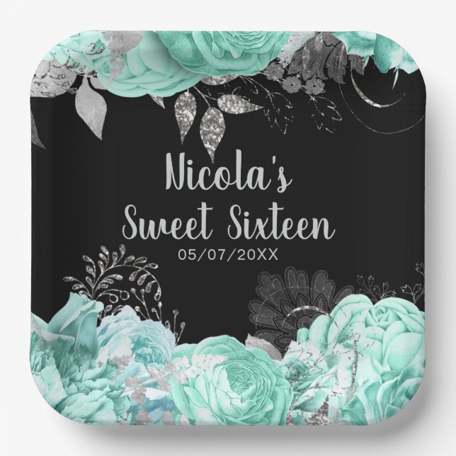 Elegant Green and Silver Flowers Sweet Sixteen Paper Plates (Front)