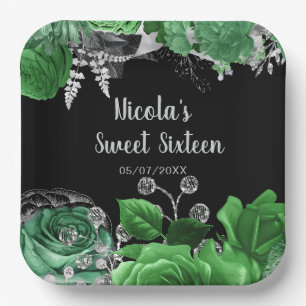 Elegant Green and Silver Flowers Sweet Sixteen Paper Plates
