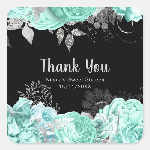 Elegant Green and Silver Flowers Sweet Sixteen Square Sticker