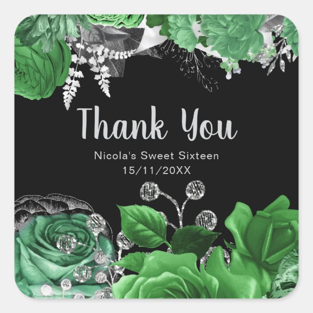 Elegant Green and Silver Flowers Sweet Sixteen  Square Sticker (Front)