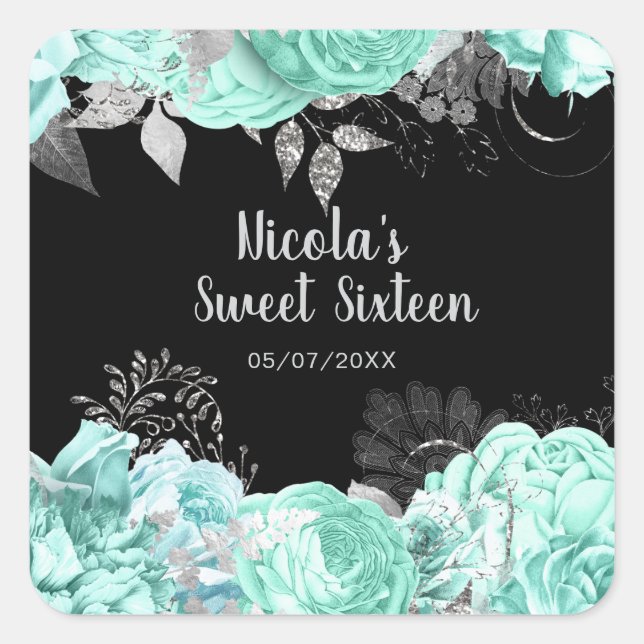 Elegant Green and Silver Flowers Sweet Sixteen Square Sticker (Front)