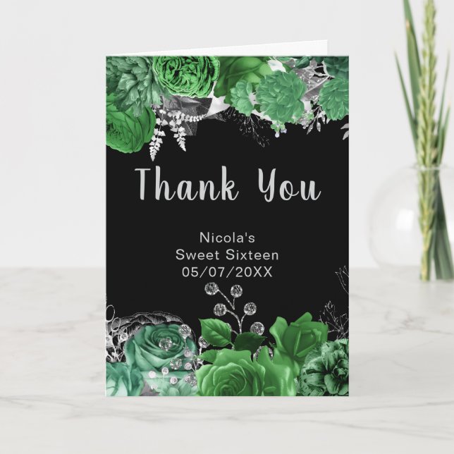 Elegant Green and Silver Flowers Sweet Sixteen  Thank You Card (Front)