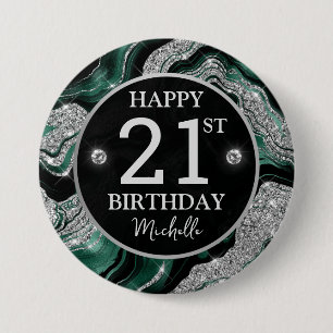 Elegant Green and Silver Glitter Agate Birthday Button