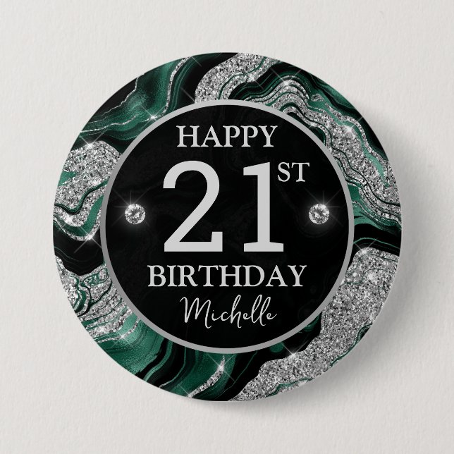 Elegant Green and Silver Glitter Agate Birthday Button (Front)
