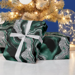 Elegant Green and Silver Glitter Agate Birthday Wrapping Paper
