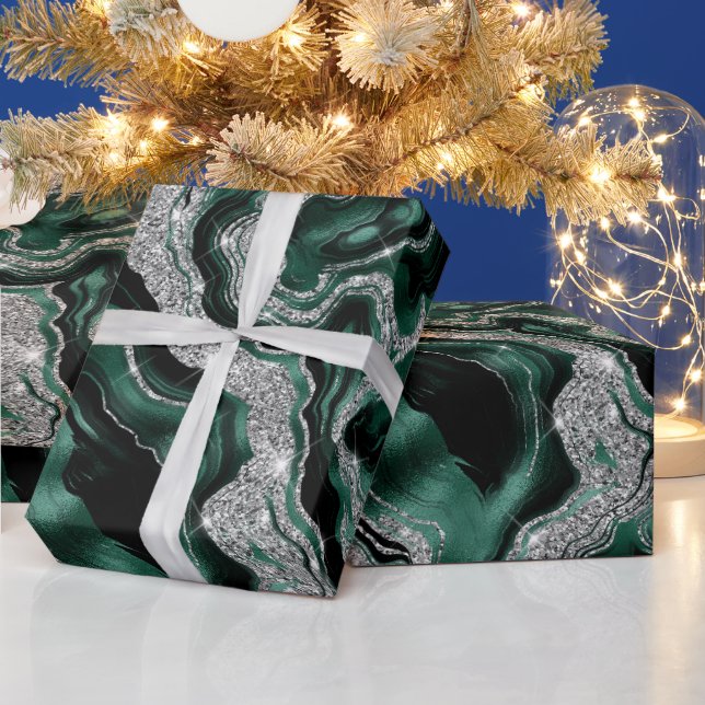 Elegant Green and Silver Glitter Agate Birthday Wrapping Paper (Holidays)