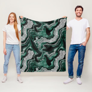 Elegant Green and Silver Glitter Agate Pattern Fleece Blanket