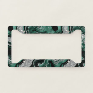 Elegant Green and Silver Glitter Agate Pattern License Plate Frame