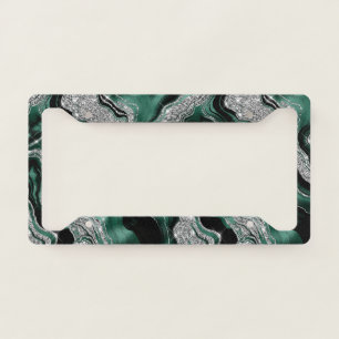 Elegant Green and Silver Glitter Agate Pattern License Plate Frame