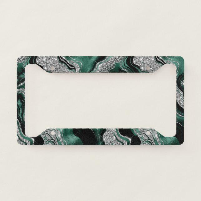 Elegant Green and Silver Glitter Agate Pattern License Plate Frame (Front)