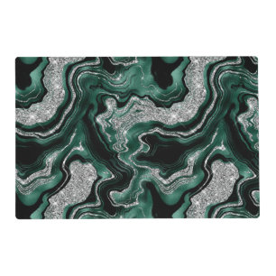 Elegant Green and Silver Glitter Agate Pattern Placemat
