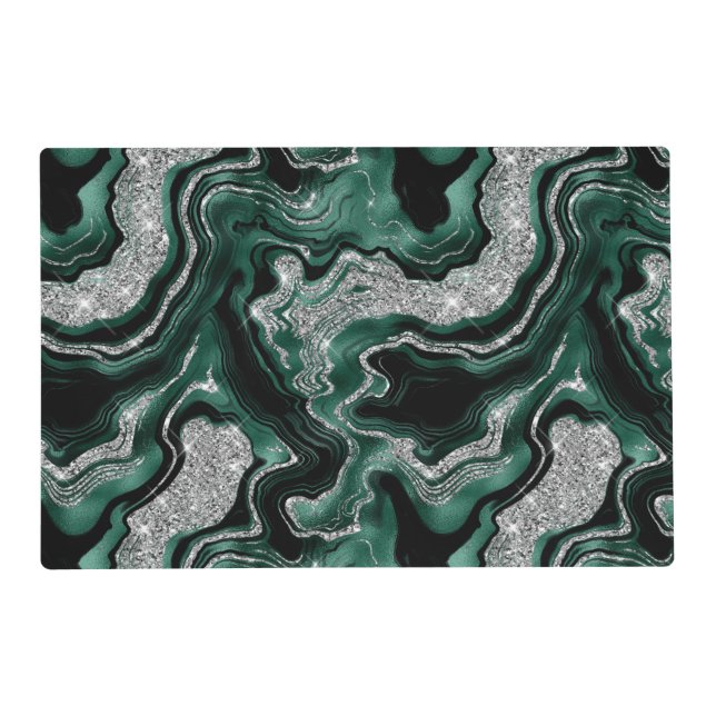 Elegant Green and Silver Glitter Agate Pattern Placemat (Front)