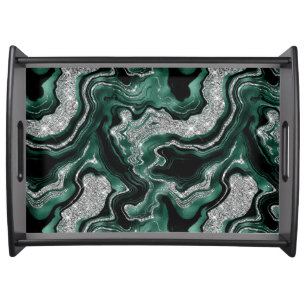 Elegant Green and Silver Glitter Agate Pattern Serving Tray