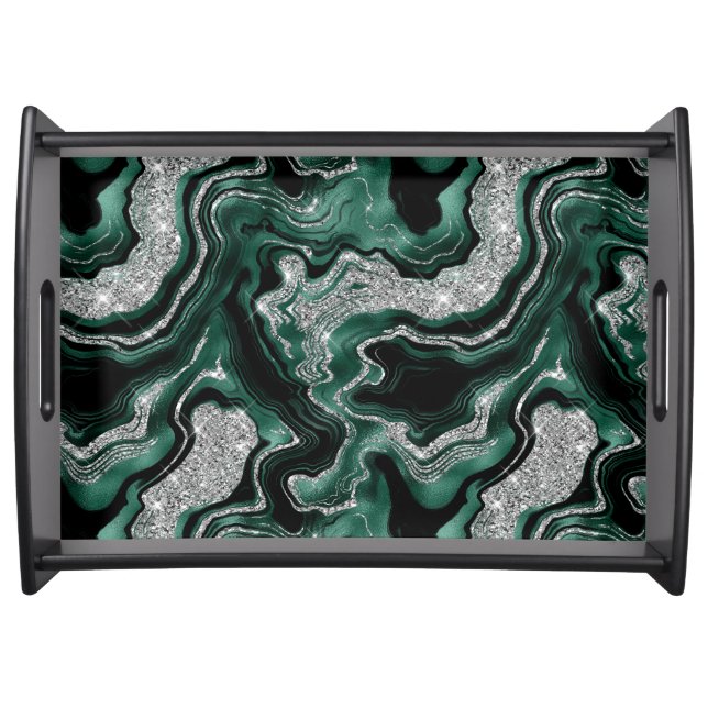 Elegant Green and Silver Glitter Agate Pattern Serving Tray (Front)