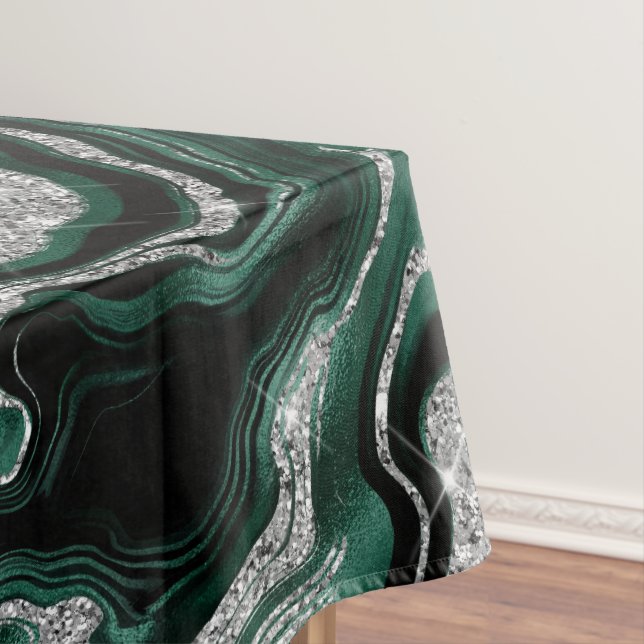 Elegant Green and Silver Glitter Agate Pattern Tablecloth (In Situ)