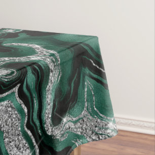 Elegant Green and Silver Glitter Agate Pattern Tablecloth