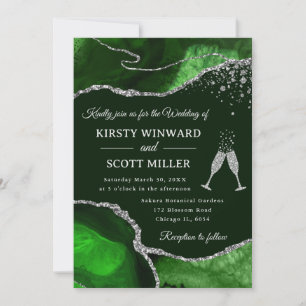 Elegant Green and Silver Glitter Agate Wedding Invitation