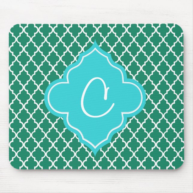 Elegant green and teal quatrefoil monogram mouse pad (Front)