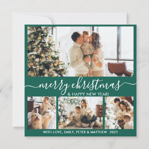 Elegant Green and White  4 Photo Collage Christmas Holiday Card