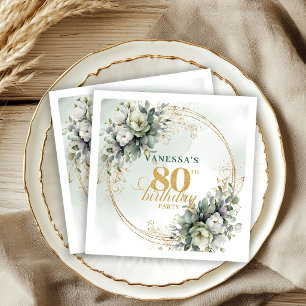Elegant Green and White 80th Birthday Party Napkin
