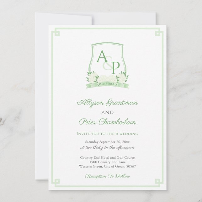 Elegant Green And White Botanical Crest Wedding Invitation (Front)
