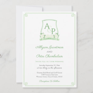 Elegant Green And White Botanical Crest Wedding Invitation