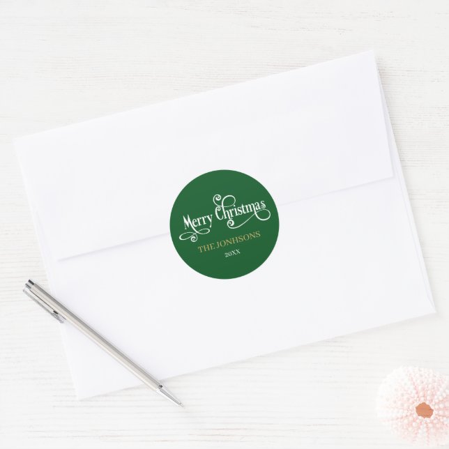 Elegant Green and White Christmas Envelope Classic Round Sticker (Envelope)