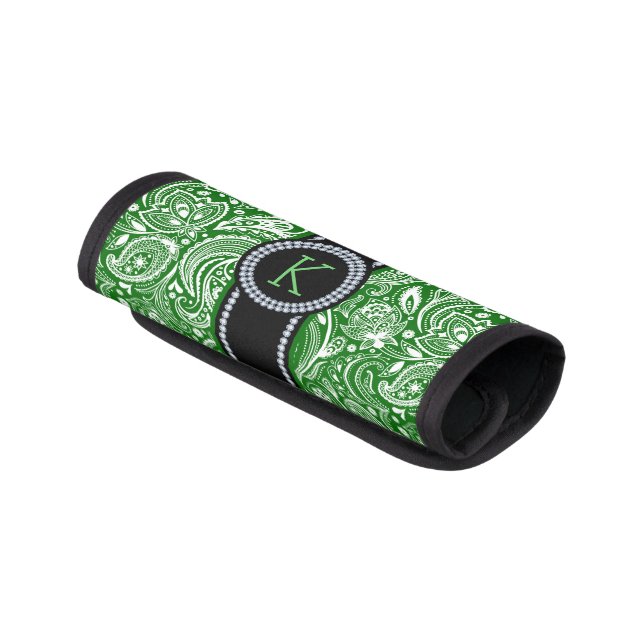 Elegant Green And White Floral Paisley Luggage Handle Wrap (Angled)
