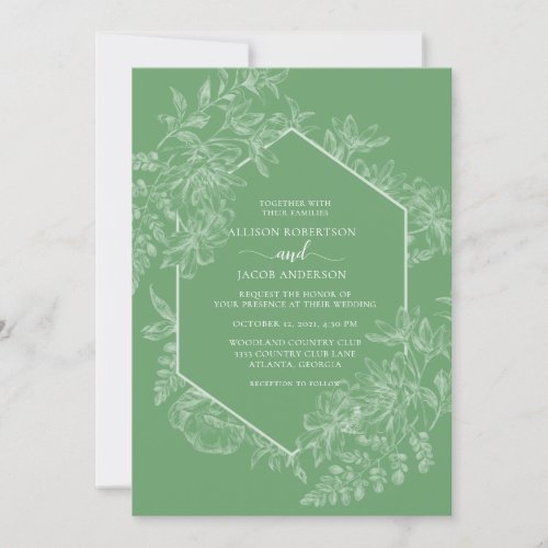 Elegant Green and White Geometric Floral Wedding Invitation