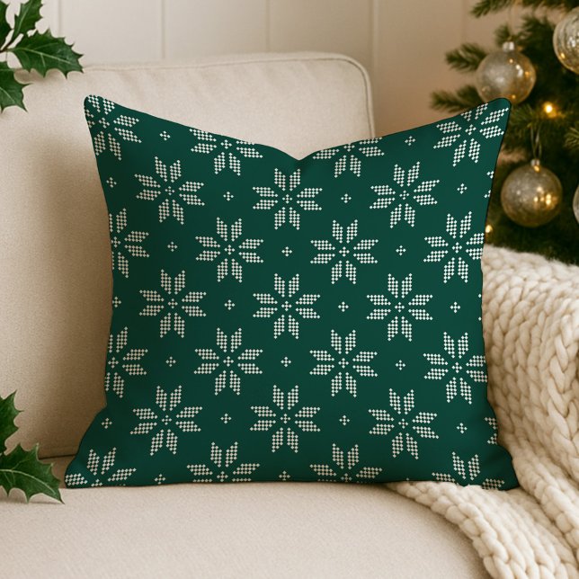 Elegant Green and White Nordic Snowflake Holiday Throw Pillow (Creator Uploaded)